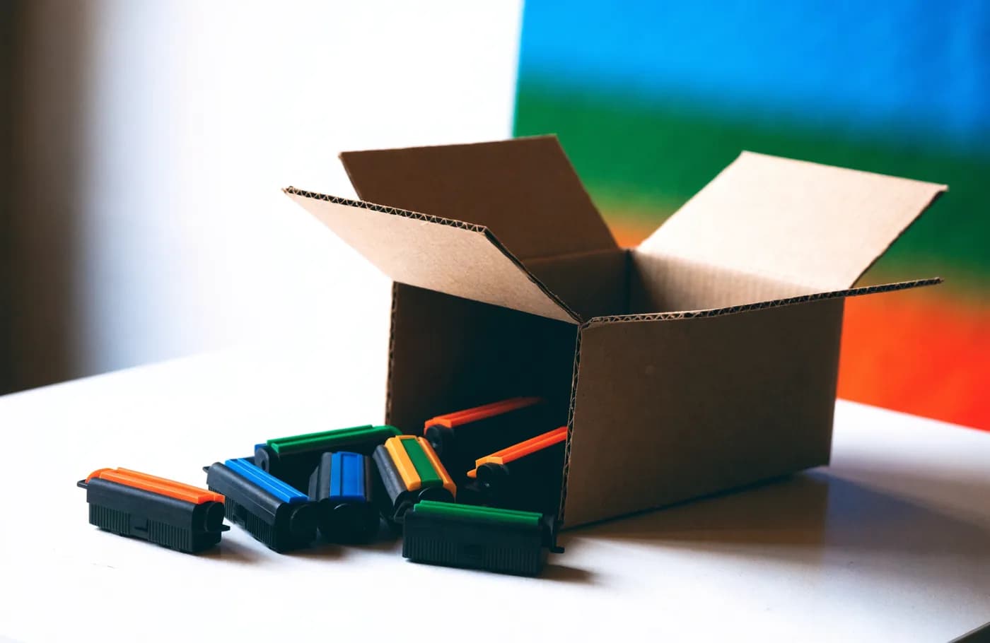Boîte en carton brut ouverte sur un bureau, plusieurs cartouches d'encre génériques posées à côté