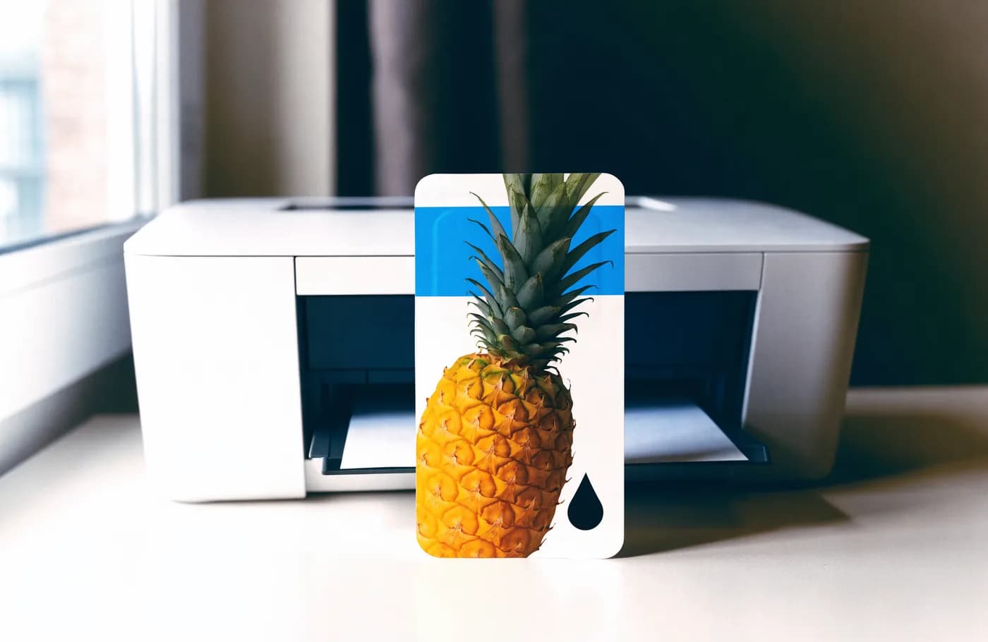 Blister de cartouche d'encre illustré d'un ananas posé devant une imprimante jet d'encre