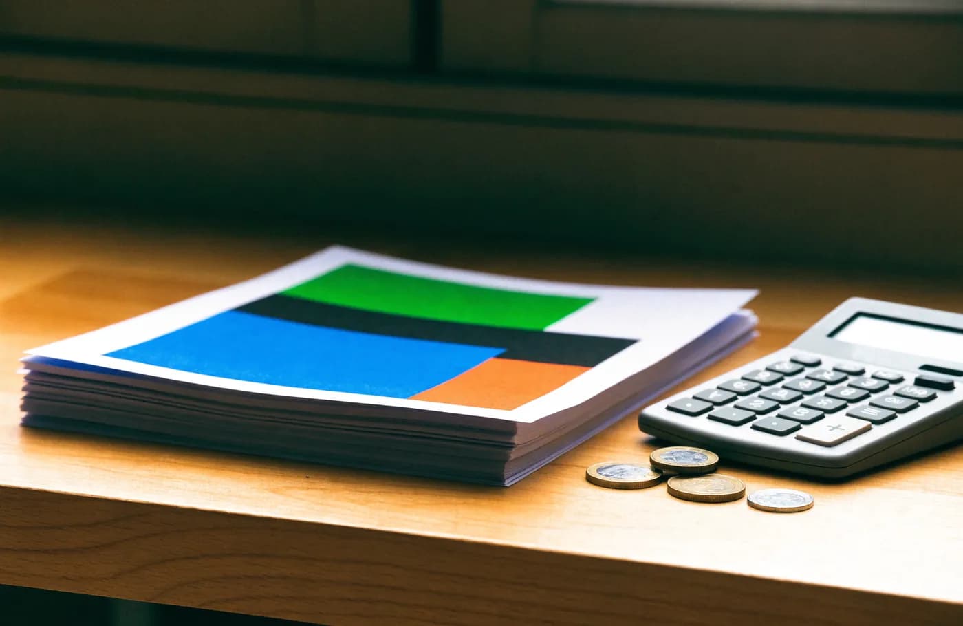 Pile de pages imprimées sur un bureau à côté d'une calculatrice et de quelques pièces de monnaie