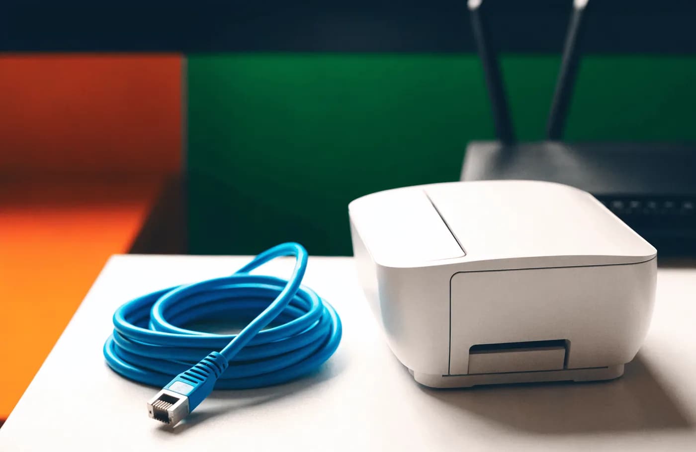 Imprimante posée sur un bureau avec un câble ethernet enroulé à côté et un routeur en arrière-plan