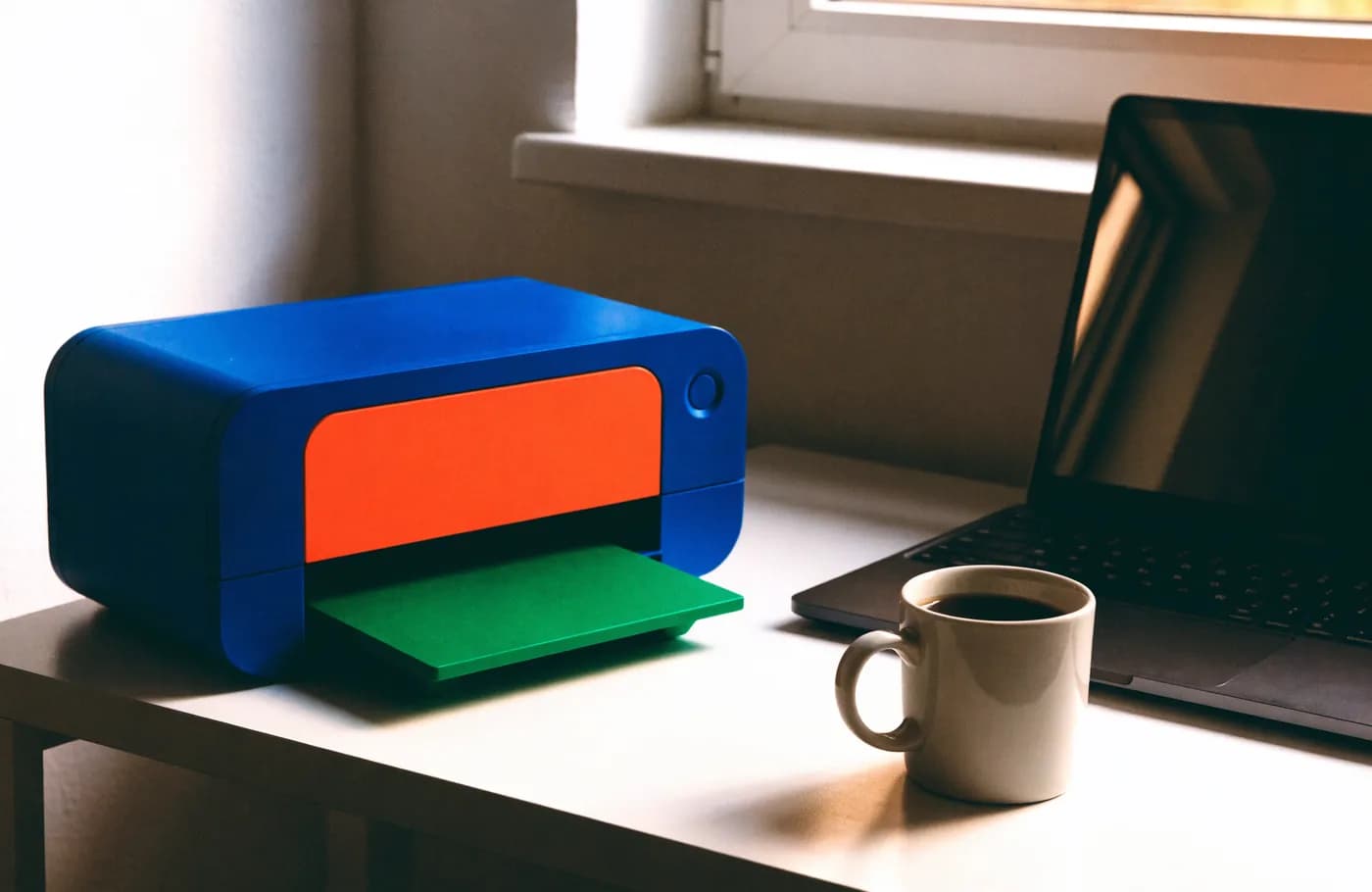 Imprimante compacte sur un bureau de télétravail, à côté d'un ordinateur portable et d'une tasse