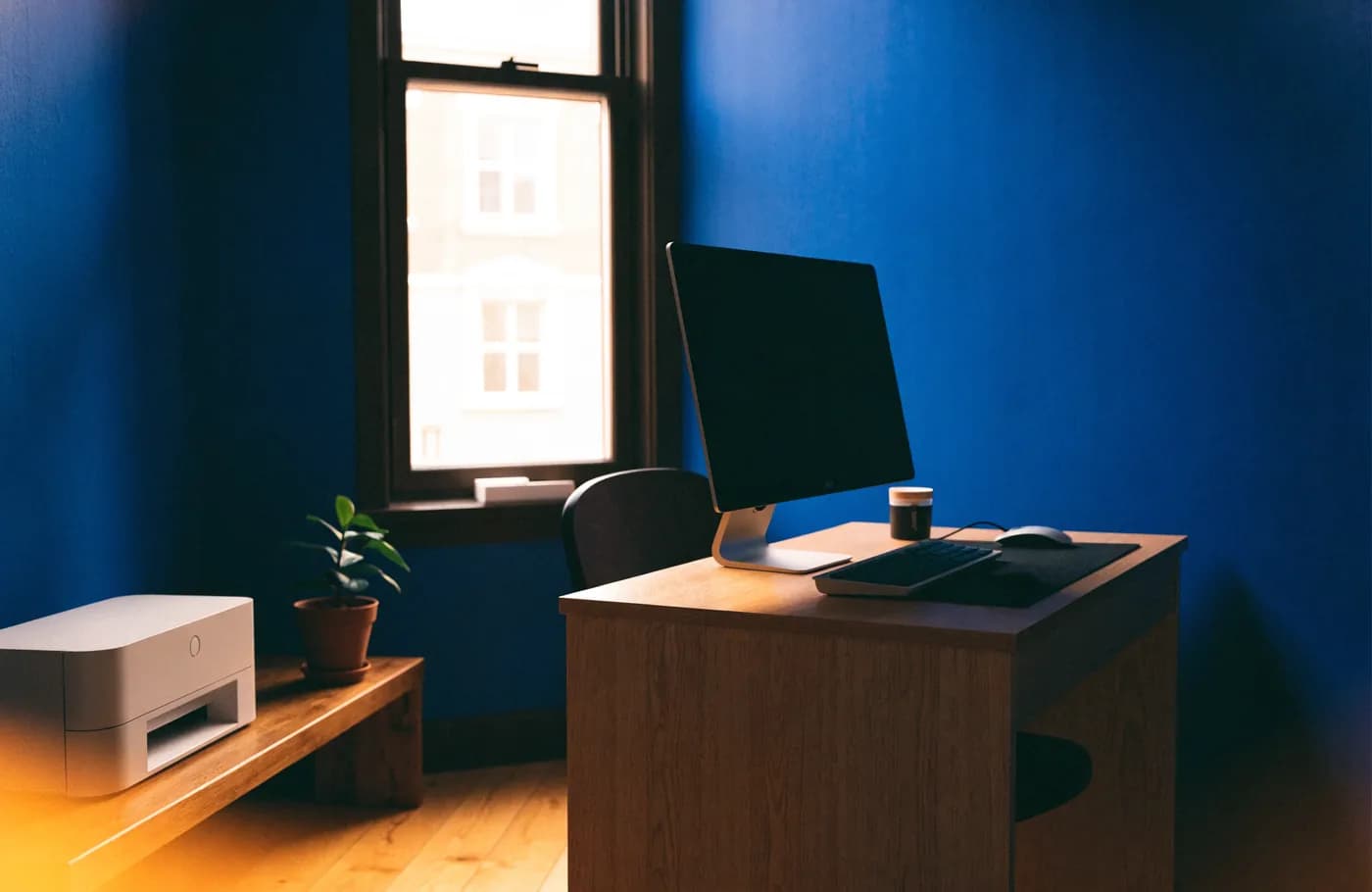 Coin bureau à domicile avec une imprimante compacte, un bureau en bois et une plante verte
