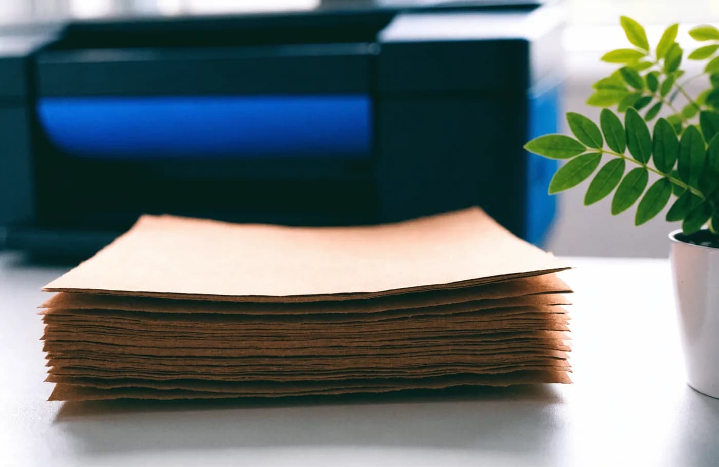 Pile de papier recyclé sur un bureau à côté d'une petite plante verte